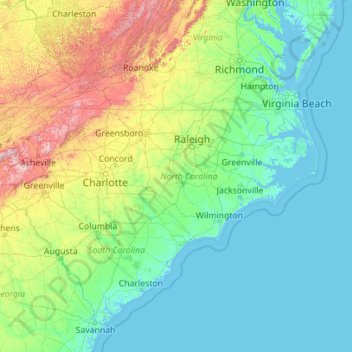 Carte topographique Caroline du Nord, altitude, relief