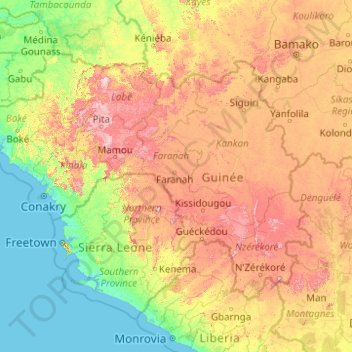 Carte topographique Guinée, altitude, relief