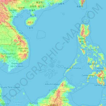 Carte topographique Mer de Chine méridionale, altitude, relief