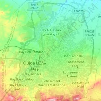 Carte topographique Oujda ⵡⴻⵊⴷⴰ وجدة‎, altitude, relief