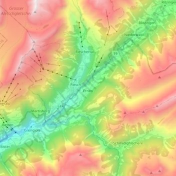 Carte topographique Ernen, altitude, relief