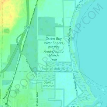 Carte topographique Green Bay West Shores Wildlife Area-Oconto Marsh Unit, altitude, relief