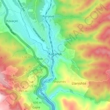 Carte topographique Kaçanik, altitude, relief