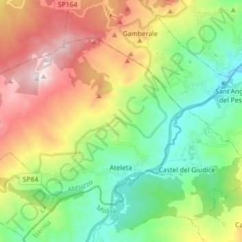 Carte topographique Ateleta, altitude, relief
