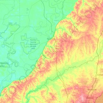 Carte topographique Yazoo County, altitude, relief