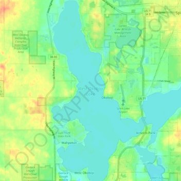 Carte topographique West Okoboji Lake, altitude, relief