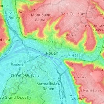 Carte topographique Rouen, altitude, relief