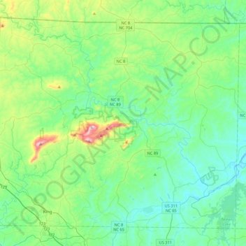 Carte topographique Stokes County, altitude, relief