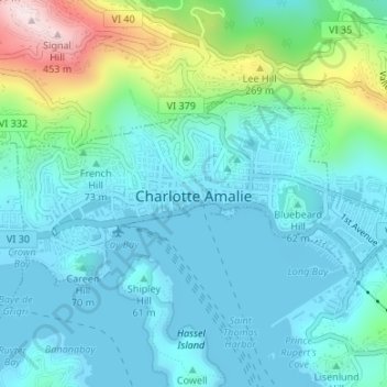 Carte topographique Charlotte Amalie, altitude, relief