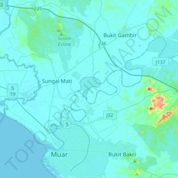 Carte topographique Sungai Muar, altitude, relief
