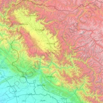 Carte topographique Jammu and Kashmir, altitude, relief