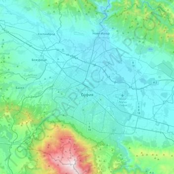 Carte topographique Sofia, altitude, relief