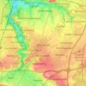 Carte topographique Würselen, altitude, relief