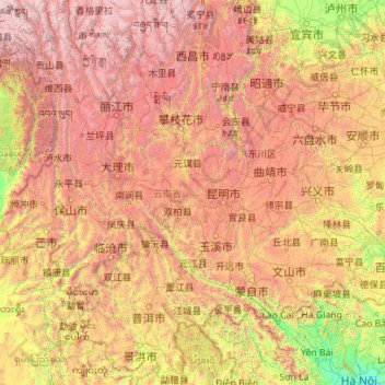 Carte topographique Yunnan, altitude, relief