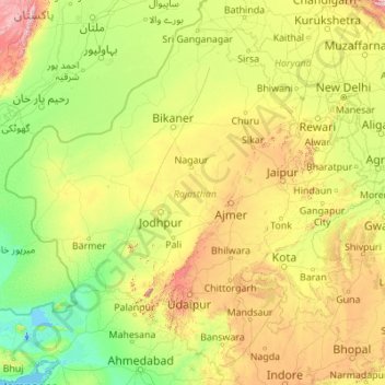 Carte topographique Rajasthan, altitude, relief