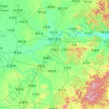 Carte topographique 哈尔滨市, altitude, relief