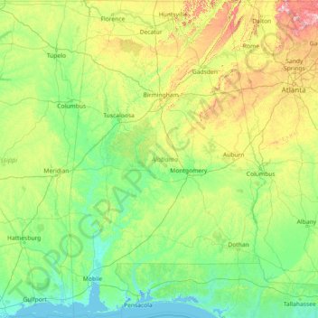 Carte topographique Alabama, altitude, relief