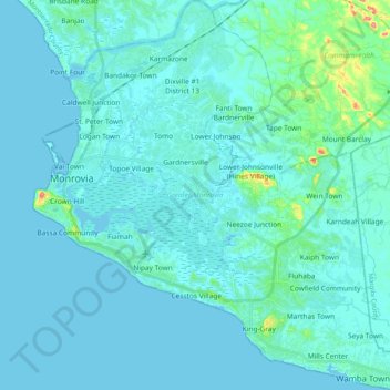 Carte topographique Greater Monrovia, altitude, relief