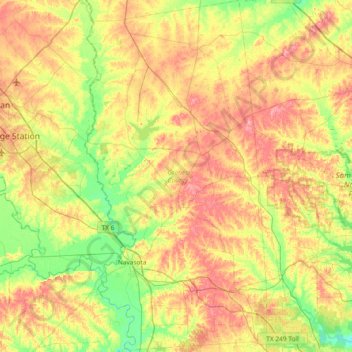 Carte topographique Grimes County, altitude, relief
