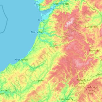 Carte topographique Ceredigion, altitude, relief