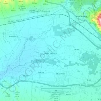 Carte topographique Fuente Vaqueros, altitude, relief
