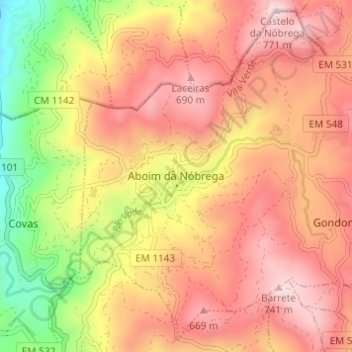Carte topographique Aboim da Nóbrega, altitude, relief