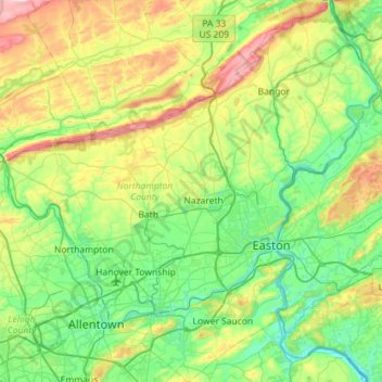 Carte topographique Northampton County, altitude, relief