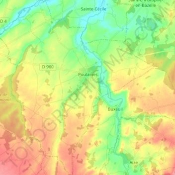 Carte topographique Poulaines, altitude, relief