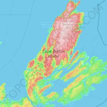 Carte topographique Cape Breton Island, altitude, relief