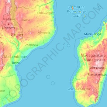 Carte topographique Canal du Mozambique, altitude, relief