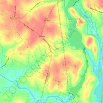 Carte topographique Great Falls, altitude, relief