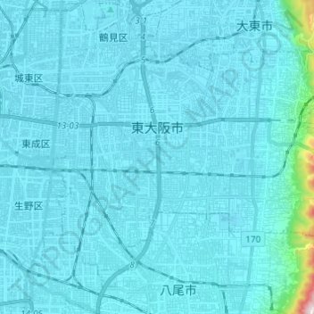 Carte topographique 東大阪市, altitude, relief