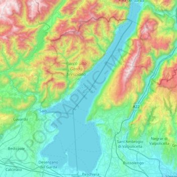 Carte topographique Gardasee, altitude, relief