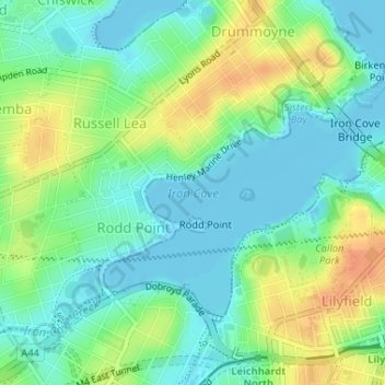 Carte topographique Iron Cove, altitude, relief