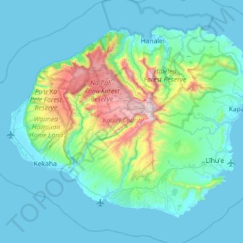 Carte topographique Kauai, altitude, relief