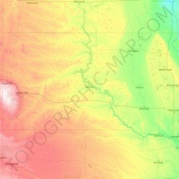 Carte topographique South Dakota, altitude, relief
