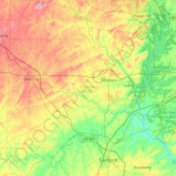 Carte topographique Chatham County, altitude, relief