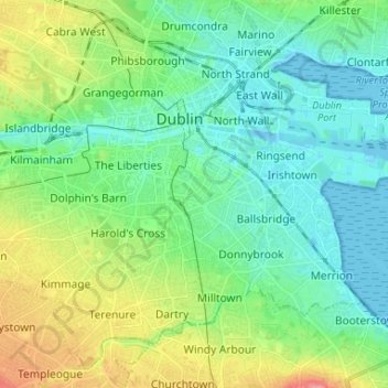 Carte topographique Dublin, altitude, relief