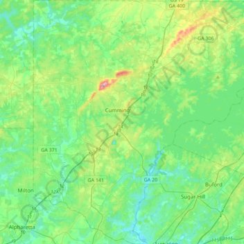 Carte topographique Forsyth County, altitude, relief
