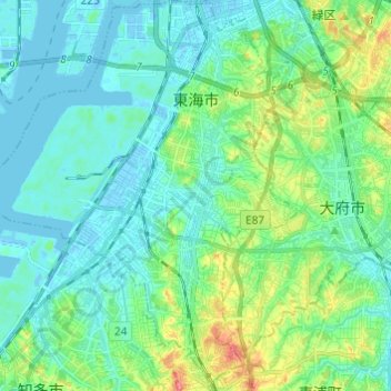 Carte topographique 東海市, altitude, relief