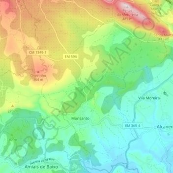 Carte topographique Monsanto, altitude, relief