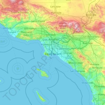 Carte topographique Los Angeles County, altitude, relief