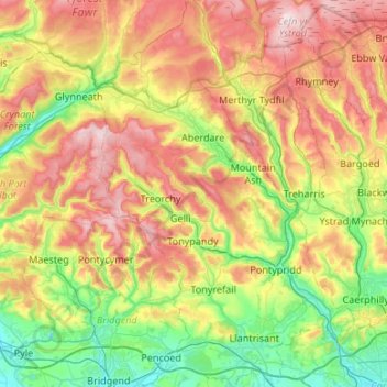 Carte topographique Rhondda Cynon Taf, altitude, relief