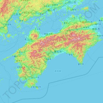 Carte topographique Shikoku, altitude, relief