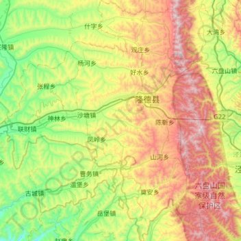 Carte topographique 隆德县, altitude, relief