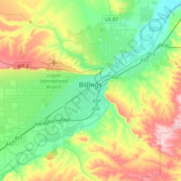 Carte topographique Billings, altitude, relief