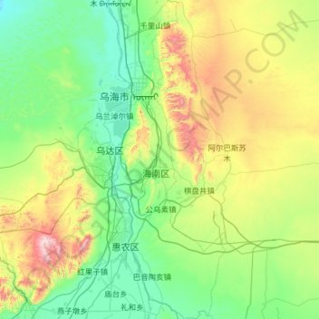 Carte topographique 乌海市, altitude, relief