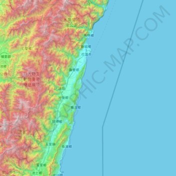 Carte topographique Comté de Hualien, altitude, relief