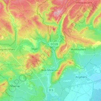 Carte topographique Bize-Minervois, altitude, relief