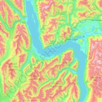 Carte topographique Lake Wakatipu, altitude, relief